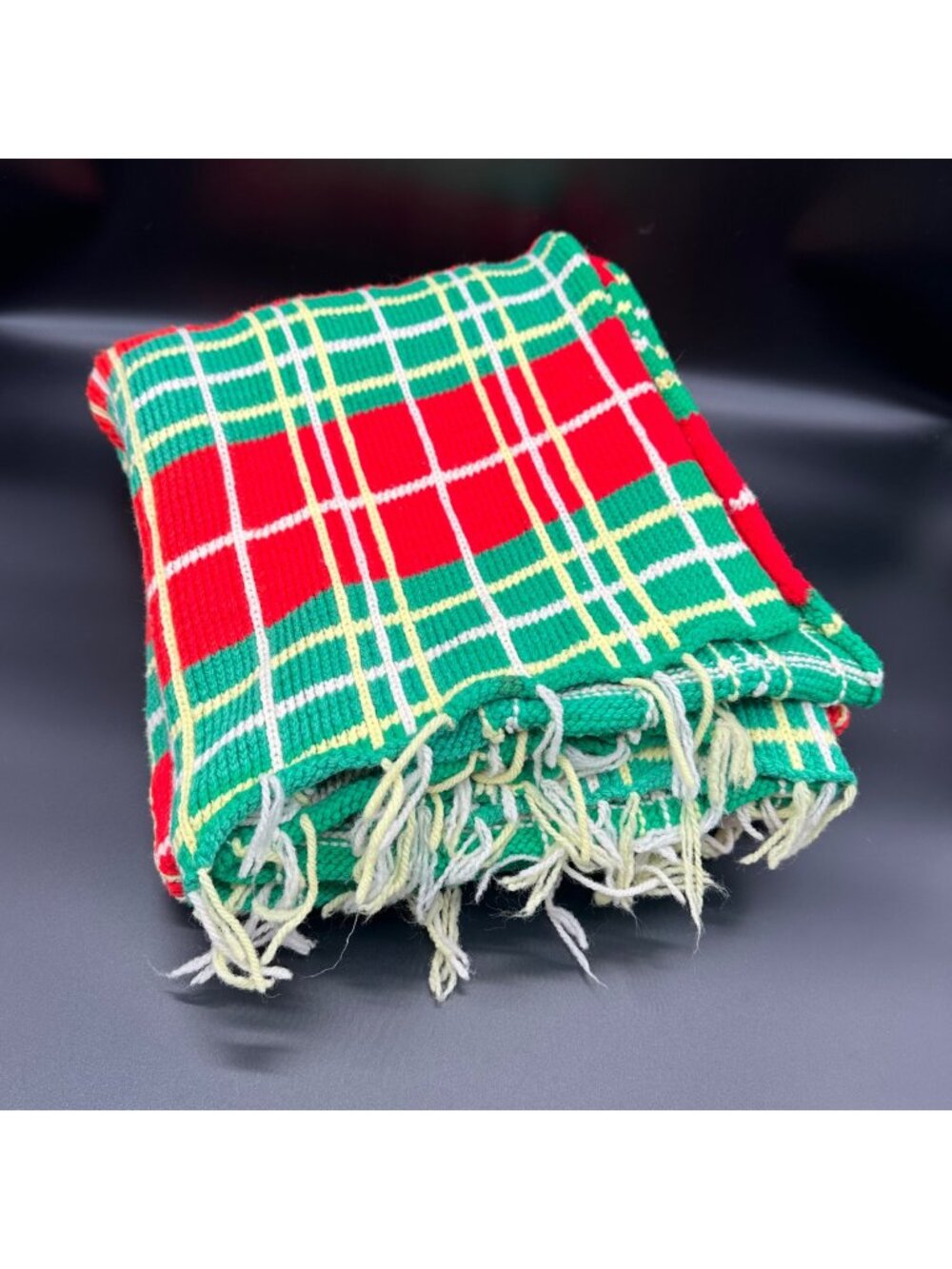 Vintage Handmade Afghan Blanket Red Green Plaid Crochet Fringe Retro Christmas